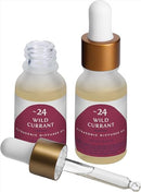 Trapp No. 24 Wild Currant 0.5 oz. Ultrasonic Diffuser Oil in a frosted glass bottle with a gold dropper cap, displayed next to its navy and red packaging.