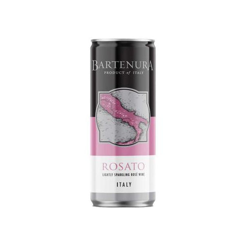 A 250ml can of Bartenura Moscato Rosé, featuring a sleek black and pink design with a map illustration, highlighting its lightly sparkling, sweet, and fruity flavor, perfect for on-the-go enjoyment and celebrations.