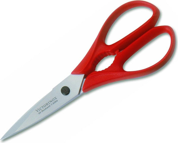 Victorinox kitchen shears with stainless steel blades and ergonomic red handle.