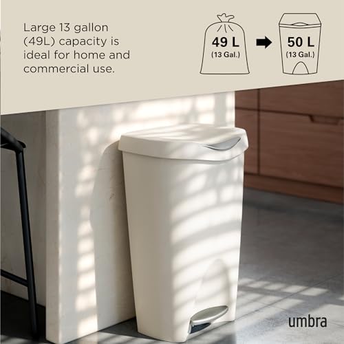 White trash can placed by counter with illustrated capacity info