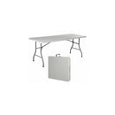 A 30" x 60" rectangular folding table with a white plastic top and sturdy metal legs, shown both fully extended and folded for portability.