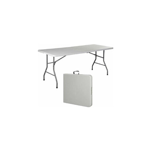 A 30" x 60" rectangular folding table with a white plastic top and sturdy metal legs, shown both fully extended and folded for portability.