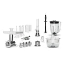 A comprehensive Ankarsrum stand mixer attachment set, including a meat grinder, pasta extruder, citrus press, blender, beater bowl, and various discs and accessories for versatile kitchen use.