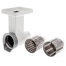 Ankarsrum grater and shredder attachment in white and gray, disassembled to show the main housing with a feed chute, and two different stainless steel grating drums for versatile food preparation.