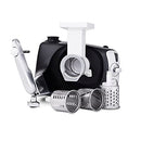 Ankarsrum Original kitchen machine in black, shown with the meat grinder attachment on the left and the grater/shredder attachment on the right, along with three interchangeable stainless steel grating drums.