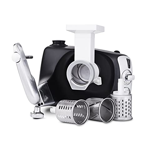 Ankarsrum Stand Mixer with Slicer/Shredder Set – A black Ankarsrum stand mixer equipped with the vegetable slicer/shredder attachment, along with additional stainless steel grating drums for different textures.