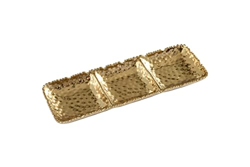 A hammered gold-finish three-section serving tray with a textured surface and raised edges. Designed for stylish serving, this tray is perfect for presenting dips, nuts, or small appetizers.