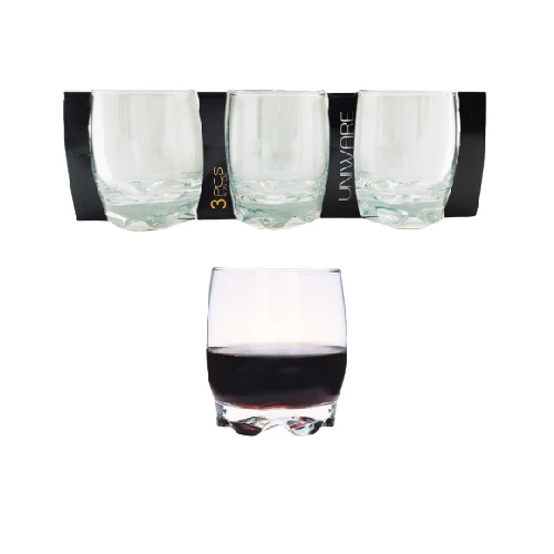  A set of three clear glass tumblers with a sturdy rounded base, designed for serving water, wine, or other beverages. The contemporary design adds a sleek touch to any table.