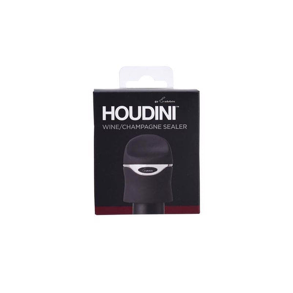 Houdini Stainless Black Wine and Champagne Sealer in its original black packaging with white branding and product image.