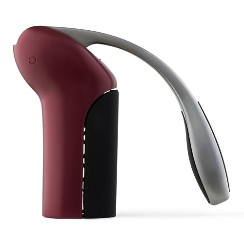 Side profile of a burgundy and silver lever-style wine opener, designed for effortless cork removal.