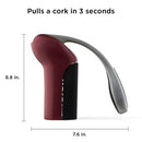 Measurement diagram showing the corkscrew’s dimensions (8.8 inches tall, 7.6 inches long) with text highlighting that it pulls a cork in just 3 seconds.