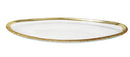 A sleek, oval-shaped glass platter with a slightly irregular form, featuring a transparent surface and a hand-applied gold rim. The elegant design makes it ideal for serving appetizers, desserts, or decorative display.