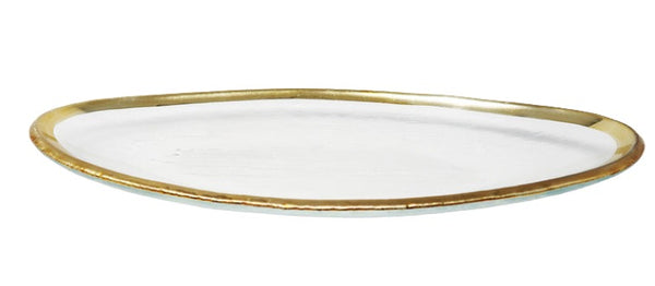 A sleek, oval-shaped glass platter with a slightly irregular form, featuring a transparent surface and a hand-applied gold rim. The elegant design makes it ideal for serving appetizers, desserts, or decorative display.