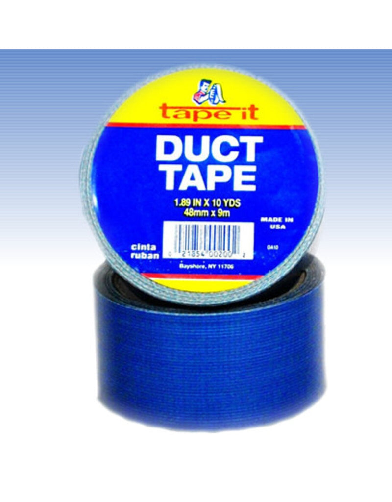 A roll of blue duct tape with a yellow and blue label displaying the brand "Taymor" and the words "DUCT TAPE" in bold white letters. The roll is stacked on another identical roll against a white and blue gradient background.
