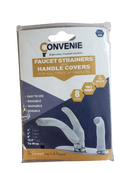 Convenie Faucet Strainer & Handle Covers 8 Piece Set in retail packaging. The set includes washable, reusable, and durable covers for various faucet types, designed for easy use. Kosher for Passover certification label displayed.