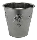 A small, silver-colored Kiddush cup with a matte finish and an embossed grape cluster design.