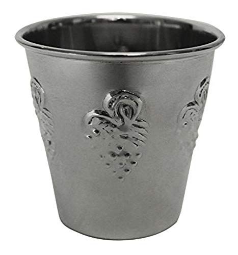 A silver Kiddush cup featuring an embossed grapevine design, crafted with a sleek and polished finish.