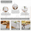 An infographic showcasing different uses of the white tablecloth, including dining rooms, outdoor events, and living spaces.