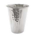 A silver stainless steel Kiddush cup with a hammered texture on the sides, sitting securely on its matching circular saucer tray.