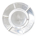 A silver stainless steel Kiddush cup with a hammered texture on the sides, sitting securely on its matching circular saucer tray.