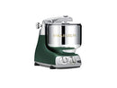 Green stand mixer with a stainless steel bowl and controls at the front, featuring a classic design and premium finish.