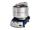 Premium Ankarsrum Original kitchen machine with a deep blue base and large, polished stainless steel mixing bowl, ideal for baking and food preparation. This durable stand mixer features chrome accents and a front control panel with two dials for easy operation.
