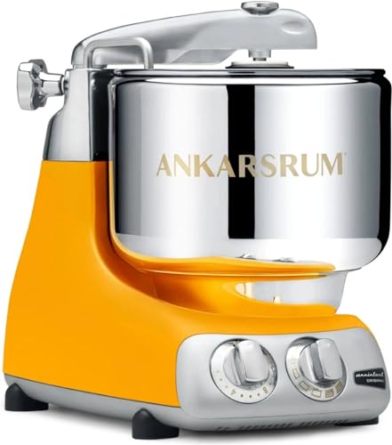 Bright yellow Ankarsrum kitchen mixer with a shiny stainless steel bowl, featuring knobs for adjustable settings.