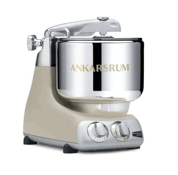 A sleek, modern stand mixer with a stainless steel bowl and beige base, labeled "ANKARSRUM," ideal for baking and cooking.