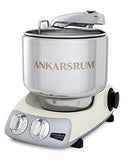 Premium Ankarsrum Original kitchen machine with a classic cream-colored base and large, polished stainless steel mixing bowl, ideal for baking and food preparation. This durable stand mixer features chrome accents and a front control panel with two dials for easy operation.