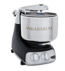 Premium Ankarsrum Original kitchen machine with a sleek black base and large, polished stainless steel mixing bowl, ideal for baking and food preparation. This durable stand mixer features chrome accents and a front control panel with two dials for easy operation.