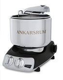 Premium Ankarsrum Original kitchen machine with a sleek black base and large, polished stainless steel mixing bowl, ideal for baking and food preparation. This durable stand mixer features chrome accents and a front control panel with two dials for easy operation.