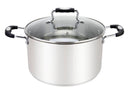 A 3-quart stainless steel stock pot with a clear glass lid and black soft-grip handles on both the pot and lid.
