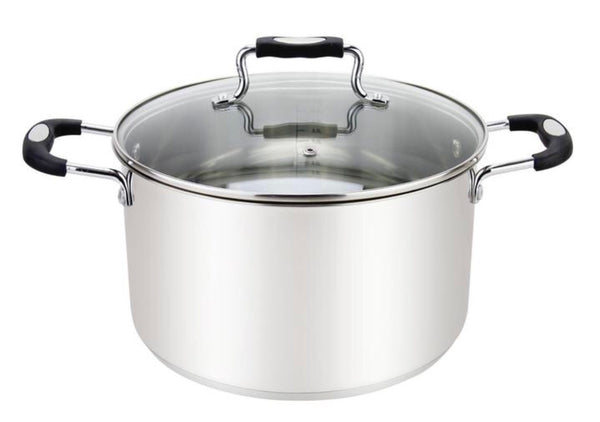 A 3-quart stainless steel stock pot with a tempered glass lid, featuring black silicone-coated handles for a comfortable grip.