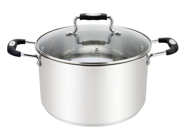 A 4-quart stainless steel stock pot with a tempered glass lid, featuring black silicone-coated handles for a secure and comfortable grip.