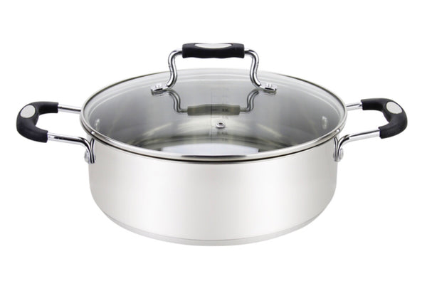 A 5-quart stainless steel casserole dish with a tempered glass lid and black silicone-coated handles for secure and comfortable handling.