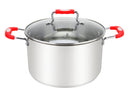 A 6-quart stainless steel stock pot with a tempered glass lid and vibrant red silicone-coated handles for a secure and comfortable grip.