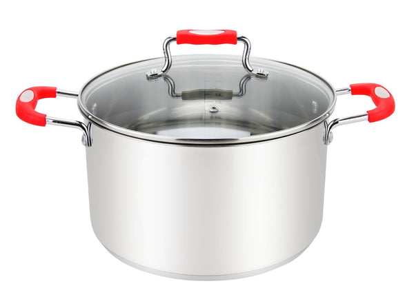 A 6-quart stainless steel stock pot with a tempered glass lid and vibrant red silicone-coated handles for a secure and comfortable grip.