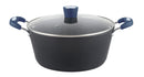 A 4.5-quart non-stick cooking pot with a dark speckled interior, a glass lid, and blue soft-grip side handles.