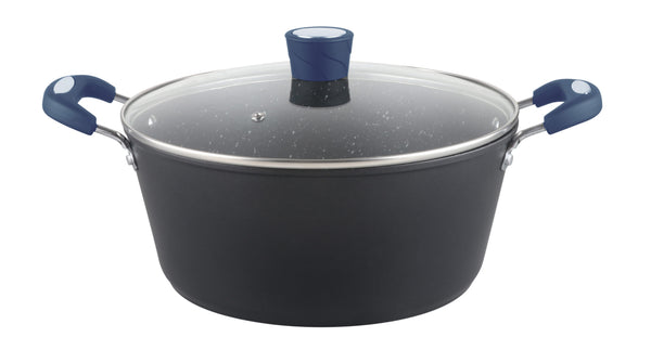 A 4.5-quart black non-stick cooking pot with a tempered glass lid and blue soft-grip handles for secure and comfortable handling.