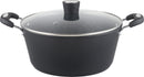 A 7-quart non-stick cooking pot with a black speckled exterior, a glass lid, and black soft-grip side handles.