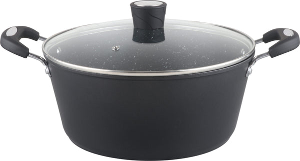 A 7-quart black non-stick cooking pot with a tempered glass lid and ergonomic black soft-grip handles for secure and comfortable handling.