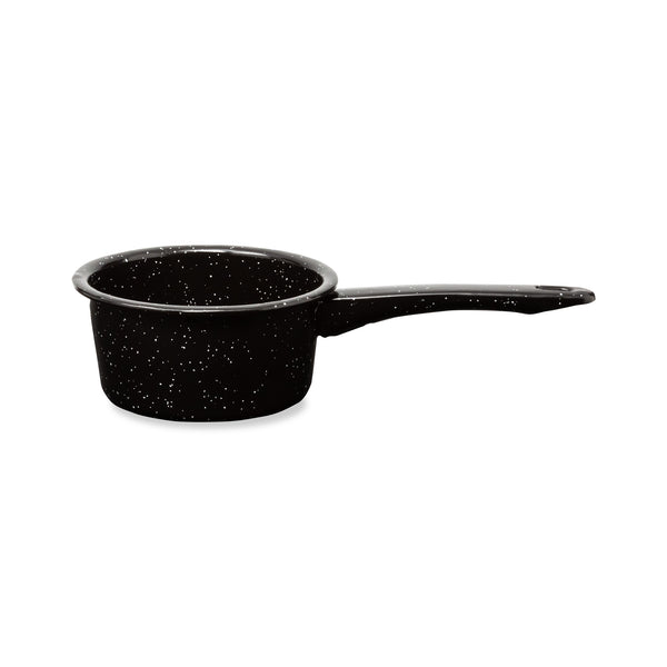 A 2-quart black speckled granite-coated saucepan with a sturdy handle and an easy-pour rim for seamless cooking.