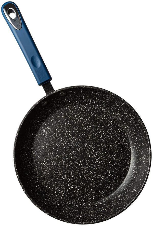 An 11-inch black speckled non-stick fry pan with a blue soft-touch handle, designed for even heat distribution and effortless cooking.