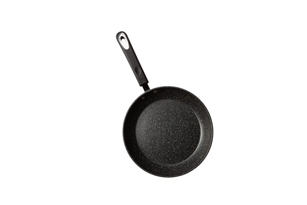 A 9.5-inch black non-stick fry pan with a soft-touch black handle, designed for even cooking and effortless food release.