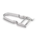 A U-shaped, silver stainless steel julienne peeler with a serrated, horizontal blade for cutting vegetables into fine strips.