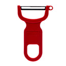 Red Swiss-made Milvado Y-shaped vegetable peeler with ergonomic handle and sharp horizontal blade.