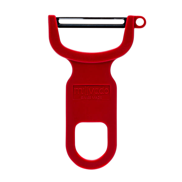 A Swiss-made red Y-shaped peeler with a precision stainless steel blade and ergonomic handle for effortless peeling.