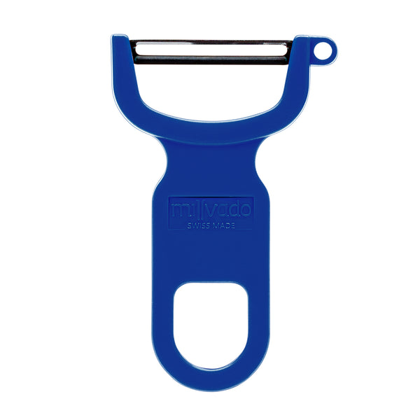 A Swiss-made blue Y-shaped peeler with a precision stainless steel blade and ergonomic handle for effortless peeling.