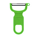 A bright green, U-shaped vegetable peeler with a black horizontal carbon steel blade and an ergonomic handle.