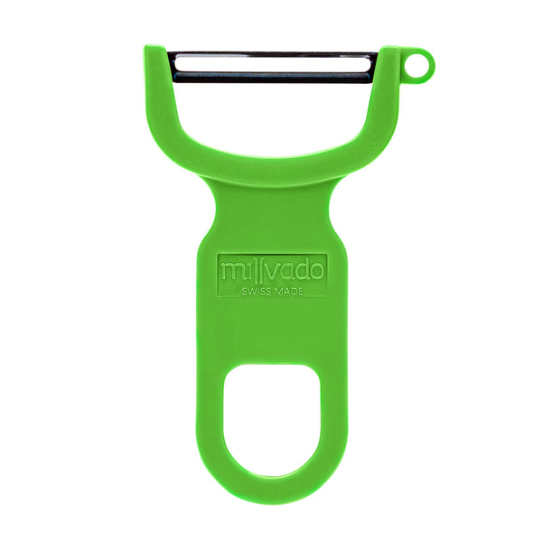 A Swiss-made green Y-shaped peeler with a precision stainless steel blade and ergonomic handle for effortless peeling.